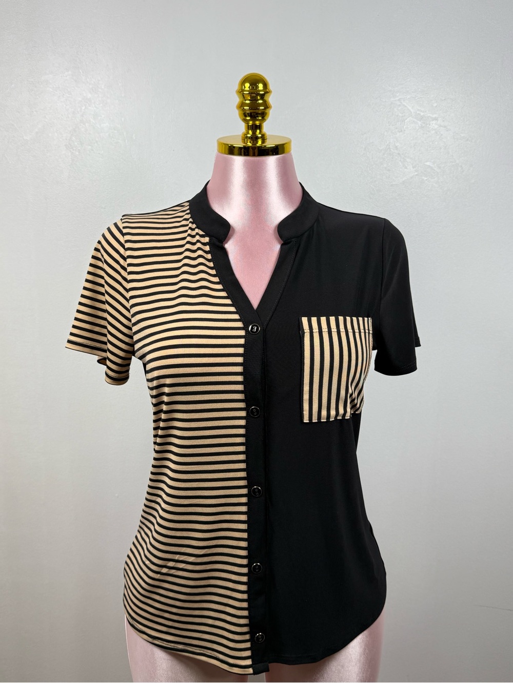 Ember Black & Tan Striped Colorblock Blouse Women Short Sleeve Size Medium